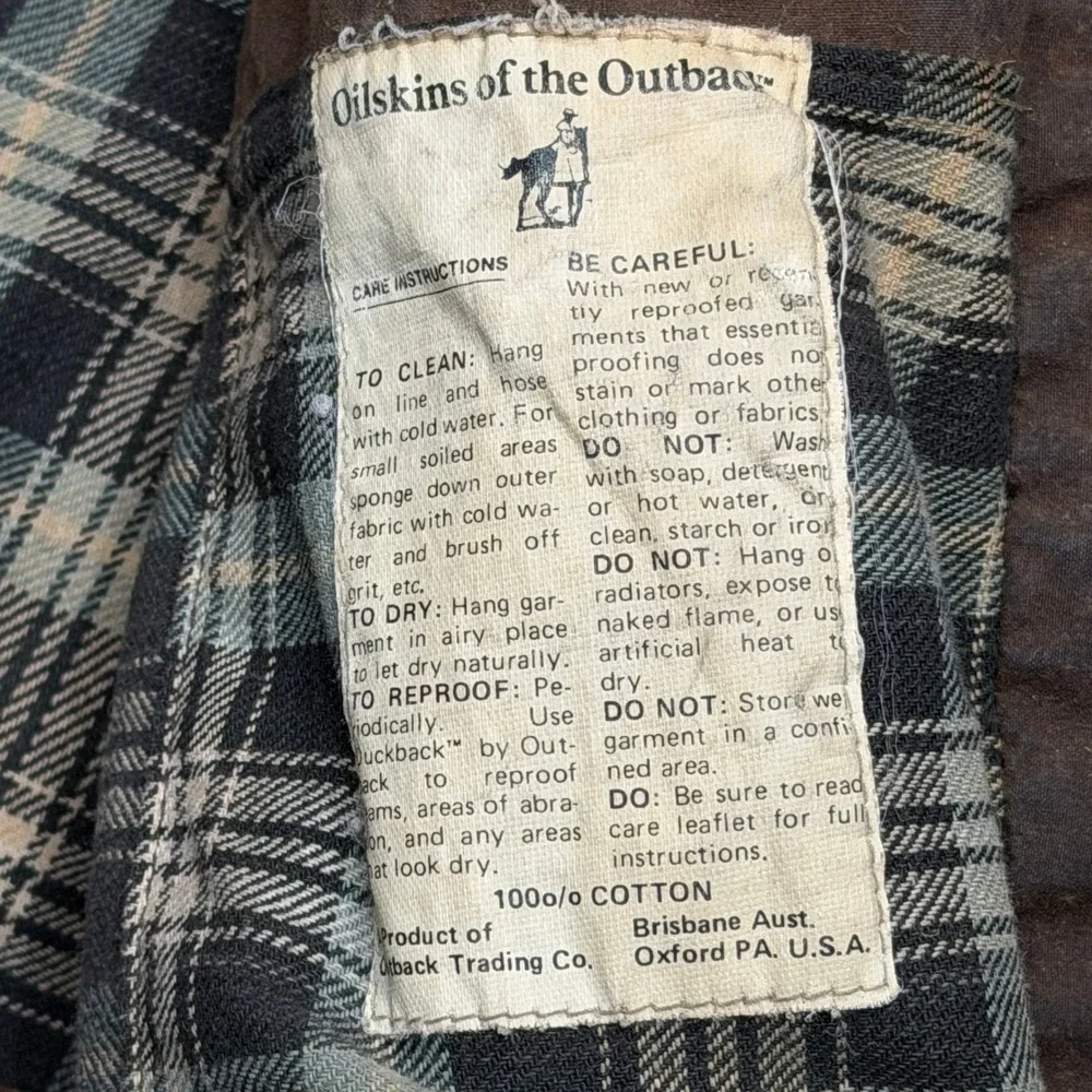 Vtg Outback Trading Co Jacket Mens M Swagman Brown Oilskin Plaid Lined Hunting